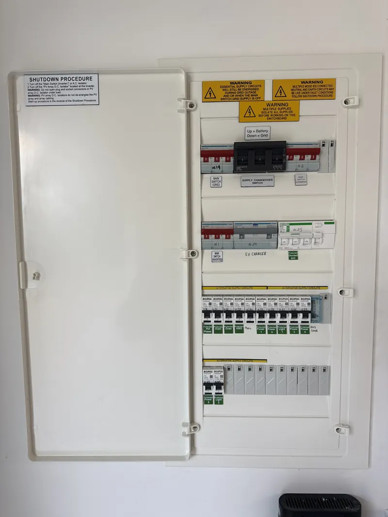 New white switchboard with labelled circuit breakers and solar shutdown procedure