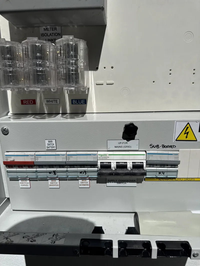 Three-phase switchboard with labelled solar isolation and metering